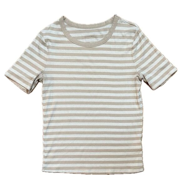 A New Day Striped Short Sleeved T-Short Tan White Size Large - Picture 1 of 5